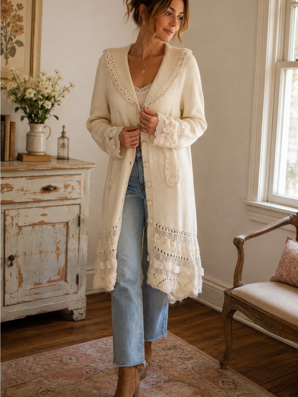 Nanette Lepore Cream Crochet-Trim Long Cardigan Medium NWT - Picture 1 of 7